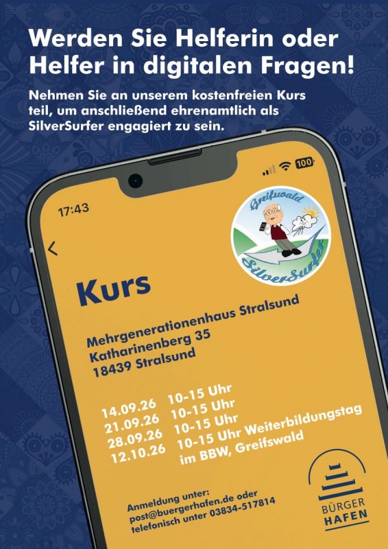 Flyer for the SilverSurfer Course in Stralsund // © Pommerscher Diakonieverein e. V. Bürgerhafen Flyer for the SilverSurfer Course in Stralsund // © Pommerscher Diakonieverein e. V. Bürgerhafen