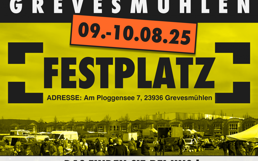 Adres: Am Ploggensee 7, 23936 GrevesmühlenKraamprijzen:Rommelgoederen/handwerk : 8 €/meterNieuwe goederen (beperkt) : 12 €/meterDeelnemersinformatie:Opzet vrijdag vanaf 12:00 uurOpzet za/zo vanaf 6:00 uurOpruimen vanaf 16:00 uurBelangrijke opmerkingen:Handelaren die twee dagen op onze markten staan, betalen op de 2e dag van het evenement 1 € per meter minder.We kunnen aan de hand van de kassabon nagaan wie er op beide dagen van het evenement deelneemt., © lennard Kuhring