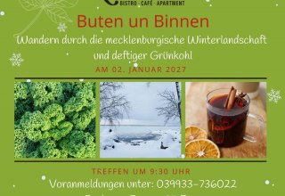 Wir gehen bei Wind und Wetter durch die Mecklenburgische Schweiz (auch abseits der Wege) in Begleitung eines Rangers vom Naturpark Mecklenburgische Schweiz und Kummerower See.
Auf unserer ca. 3 st&uuml;ndigen Wanderung erwarten Euch zahlreiche Infos &uuml;ber unsere Pflanzen- und Tierwelt. Au&szlig;erdem werdet Ihr auf halber Strecke mit w&auml;rmenden Getr&auml;nken versorgt.
Nach der Wanderung wartet ein deftiges Gr&uuml;nkohl-Buffet am lodernden Kamin auf Euch. // &copy; Nicole Giese