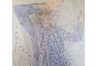 K&uuml;nstlerin, Grafit, Tusche, Tinte, Garn hinter und auf transparentem Stoff, 2025 // &copy; Karen Kunkel