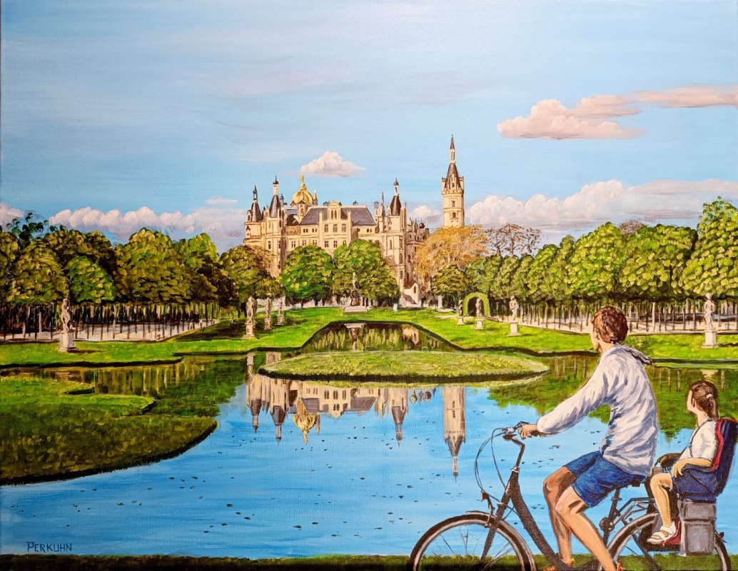 Ręcznie malowany obraz akrylowy na pł&oacute;tnie "Zamek Schwerin z Kanałem Krzyżowym" // &copy; Ren&eacute; Perkuhn