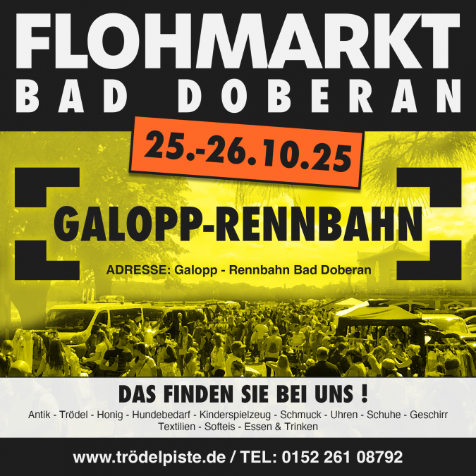 Adres: Galopp - Rennbahn Bad DoberanOPŁATY ZA STOISKO:Towary używane / rękodzieło: 8 €/metrNowe towary (ograniczone): 12 €/metrINFORMACJE DLA HANDLOWCÓW:Ustawianie w piątki od 12:00Sobota/niedziela od 6:00Demontaż od 16:00WAŻNE UWAGI:Handlowcy, którzy stoją na naszych targach przez dwa dni, płacą 1 € za metr mniej drugiego dnia wydarzenia.Możemy użyć paragonu, aby śledzić, kto bierze udział w obu dniach wydarzenia., © Lennard Kuhring