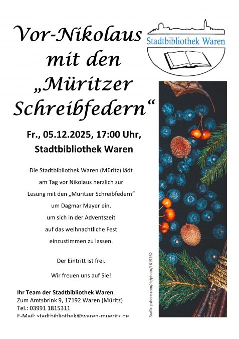 Życzymy wspaniałego okresu przedświątecznego!, © Stadtbibliothek Waren (Müritz)