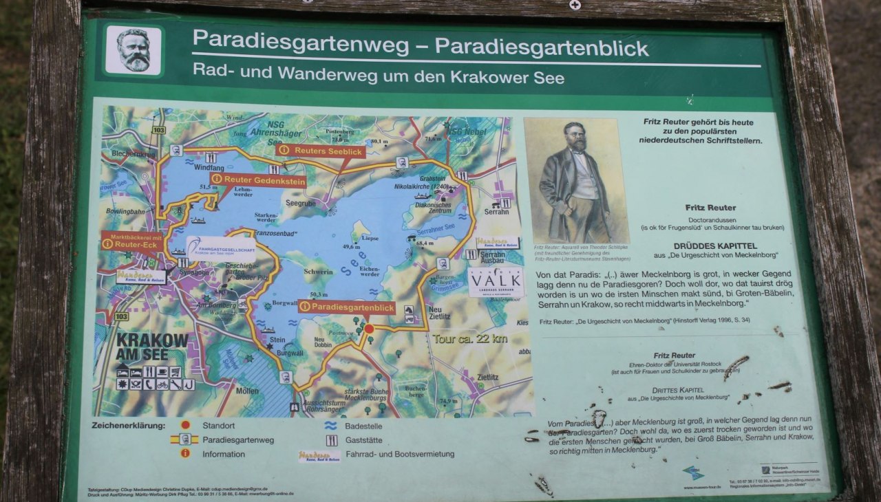 Tablica informacyjna dla platformy widokowej Reuters Paradiesgartenblick, © Touristinformation Krakow am See Tablica informacyjna dla platformy widokowej Reuters Paradiesgartenblick, © Touristinformation Krakow am See