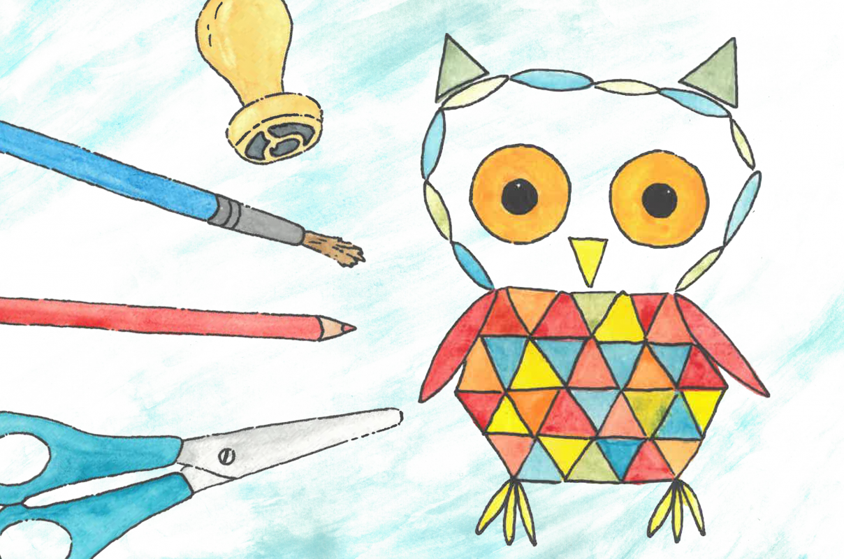 kolorowa malowana sowa i pędzel, oł&oacute;wek, nożyczki, pieczątka // &copy; M&uuml;ritzeum