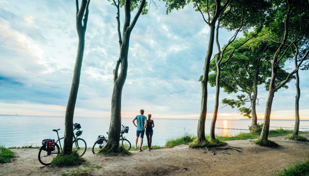 Een koppel staat in het spookachtige bos, hun fietsen leunen tegen de bomen en kijken naar de zonsondergang boven de Baltische Zee. // Fiets langs de Oostzeekust in Mecklenburg-Vorpommern door het spookbos. // © MV-T/Gänsicke Een koppel staat in het spookachtige bos, hun fietsen leunen tegen de bomen en kijken naar de zonsondergang boven de Baltische Zee.