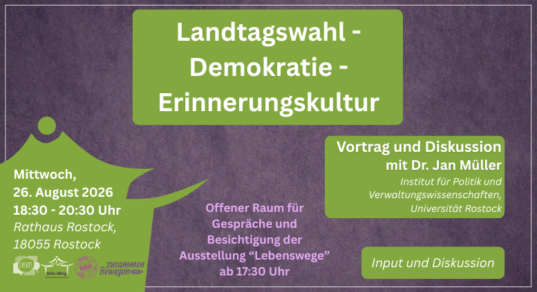 De belangrijkste gegevens van het evenement (titel, tijdstip, locatie) worden weergegeven in groene kaders op een paarse achtergrond. // © Diên Hông – Gemeinsam unter einem Dach e.V. De belangrijkste gegevens van het evenement (titel, tijdstip, locatie) worden weergegeven in groene kaders op een paarse achtergrond. // © Diên Hông – Gemeinsam unter einem Dach e.V.