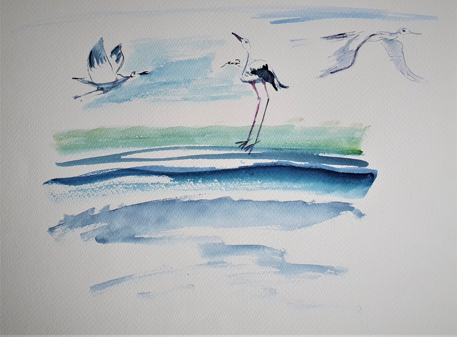 Flight and landing of storks by the seaWatercolor technique on paper, © Heike Dittrich