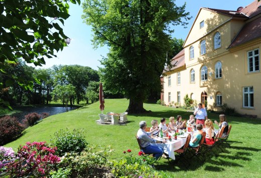 Mensen zitten in een tuin voor een landhuis met een lange tafel en picknicken in de zon.