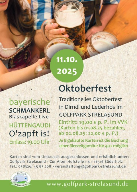 Ulotka ze szczegółami technicznymi Oktoberfest 2025 w Golfpark Strelasund., © Golfpark Strelasund