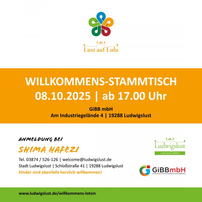 Webbanner_Insta-Beitrag_Willkommens-Stammtisch_08.10.2025, © Stadt Ludwigslust