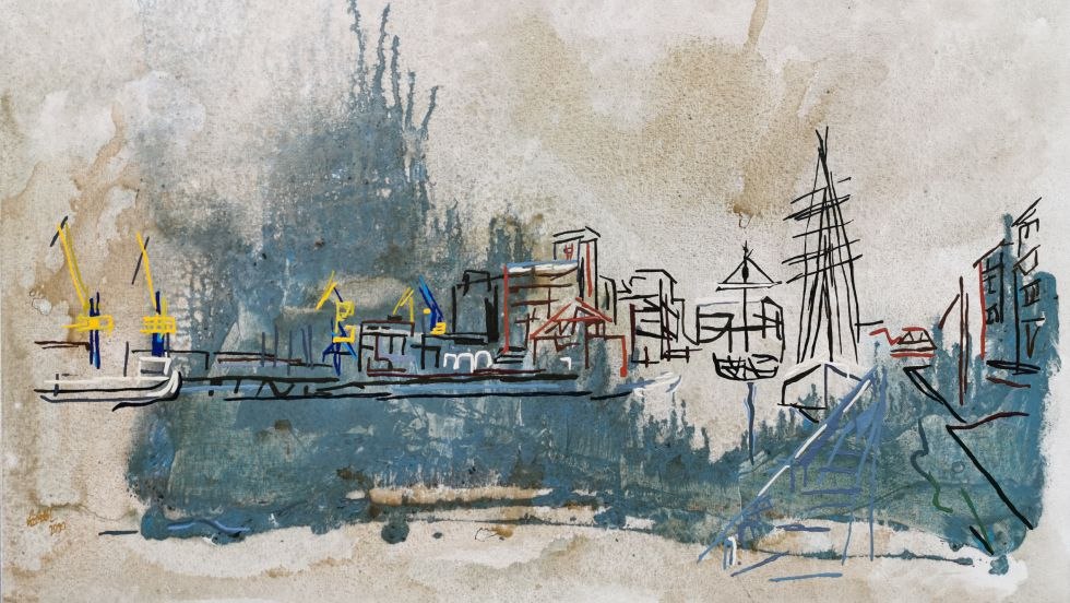 XXV 17 - Zicht op de haven van Wismar kort voor de stormvloed, &copy; Uli L&auml;chelt