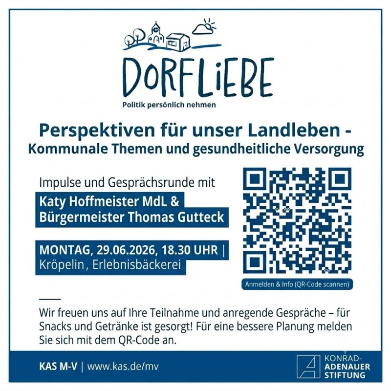Dorfliebe – Sharepic: Perspectieven voor ons plattelandsleven; Gemeentelijke thema’s en gezondheidszorg // © KAS M-V Dorfliebe – Sharepic: Perspectieven voor ons plattelandsleven; Gemeentelijke thema’s en gezondheidszorg // © KAS M-V