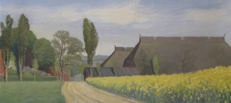 Karl Christian Klasen: Rapsfeld mit Bauernh&auml;usern. // &copy; Karl Christian Klasen Gesellschaft e.V.