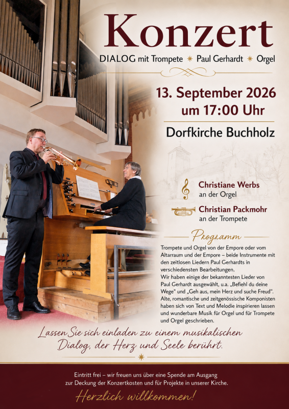 Christiam Packmohr en Christiane Werbs aan het orgel // © Förderverein zur Erhaltung der Dorfkirche Buchholz e. V. Christiam Packmohr en Christiane Werbs aan het orgel // © Förderverein zur Erhaltung der Dorfkirche Buchholz e. V.