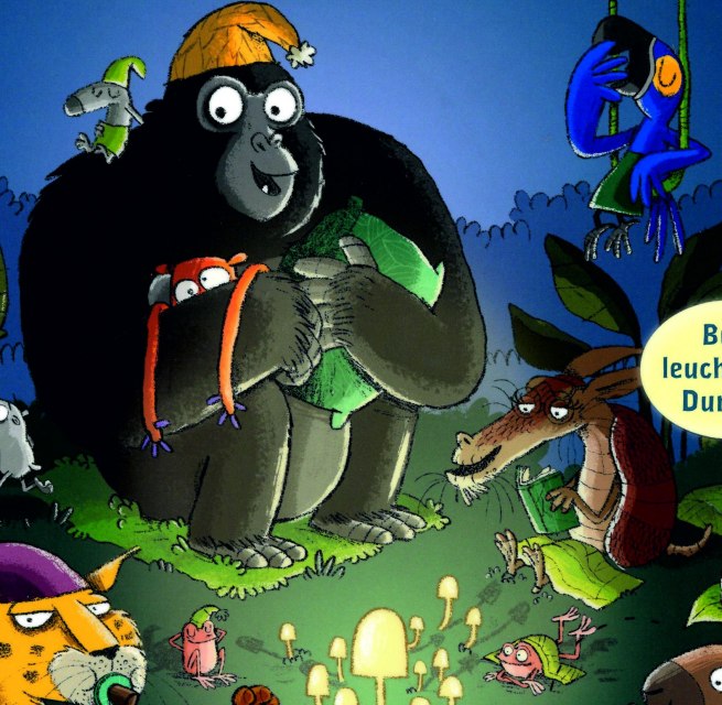 Fragment van de boekomslag: Een gorilla zit 's nachts in de jungle met een oranjekleurige slaapmuts op. Naast hem zit een luipaard met een dummy, een kangoeroe, een slang en andere dieren., © Stadtbibliothek Stralsund