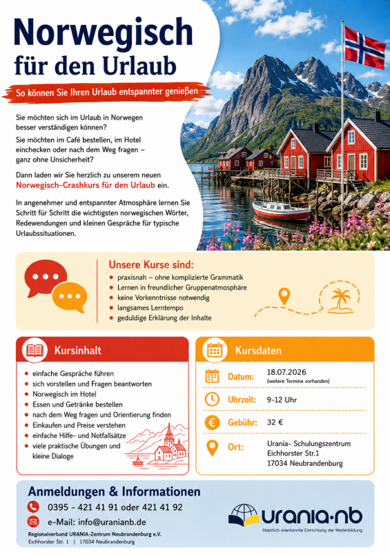 Flyer "Norwegian for Your Vacation" // © Urania Neubrandenburg Flyer "Norwegian for Your Vacation" // © Urania Neubrandenburg