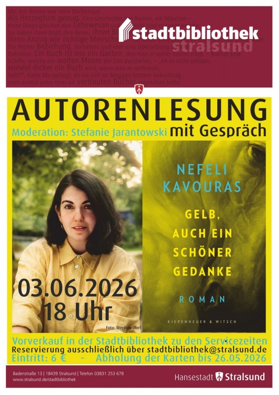 Poster for the author reading with discussion on 03.06.2026 at 6 pm in the Stralsund City Library // &copy; Fotocredit: Stephan Obel
