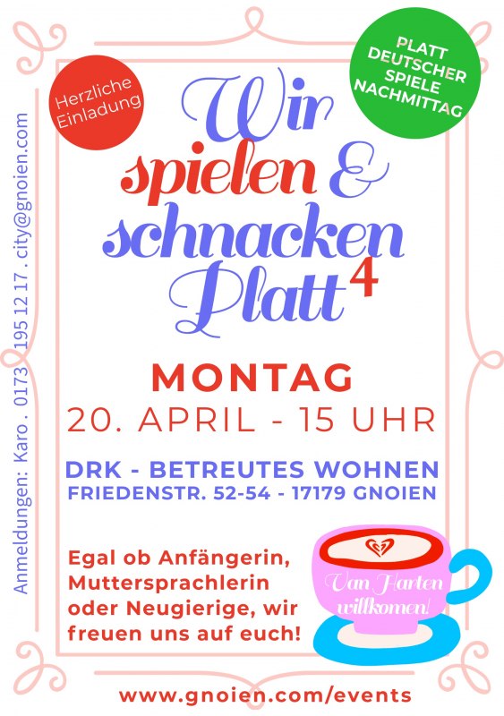 Poster f&uuml;r das 4. Plattdeutsche Caf&eacute; mit Spiele Nachmittag // &copy; Warbelstadt Gnoien