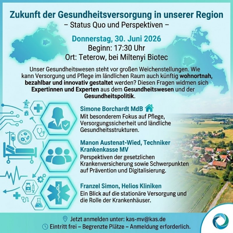 Event Information: Guests: Simone Borchardt, Member of the Bundestag; Health Policy Spokesperson for the CDU/CSU Parliamentary Group in the Bundestag; Manon Austenat-Wied, Director of the Mecklenburg-Vorpommern Regional Office of Techniker Krankenkasse; Franzel Simon, Helios Kliniken GmbH // &copy; KAS M-V