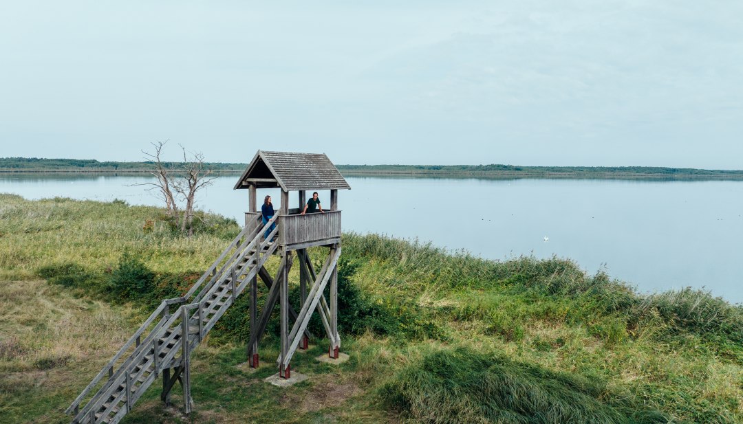 Wieża widokowa Riether Stiege nad Zalewem Szczecińskim wykonana z drewna i z dalekim widokiem