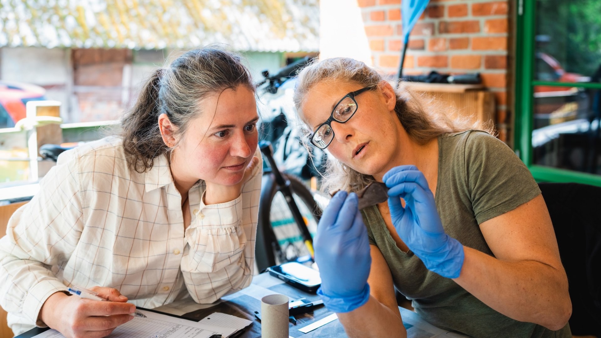 Zwei Frauen prüfen eine Fledermaus in blauen Handschuhen und notieren Daten am Tisch in einer Naturschutzstation. // W stacji ochrony przyrody nietoperz spokojnie leży w dłoniach, podczas gdy odnotowuje się jego gatunek i dane – praca zespołowa na rzecz ochrony przyrody w Meklemburgii-Pomorzu Przednim. // © MV-T/Gross Zwei Frauen prüfen eine Fledermaus in blauen Handschuhen und notieren Daten am Tisch in einer Naturschutzstation. // W stacji ochrony przyrody nietoperz spokojnie leży w dłoniach, podczas gdy odnotowuje się jego gatunek i dane – praca zespołowa na rzecz ochrony przyrody w Meklemburgii-Pomorzu Przednim. // © MV-T/Gross