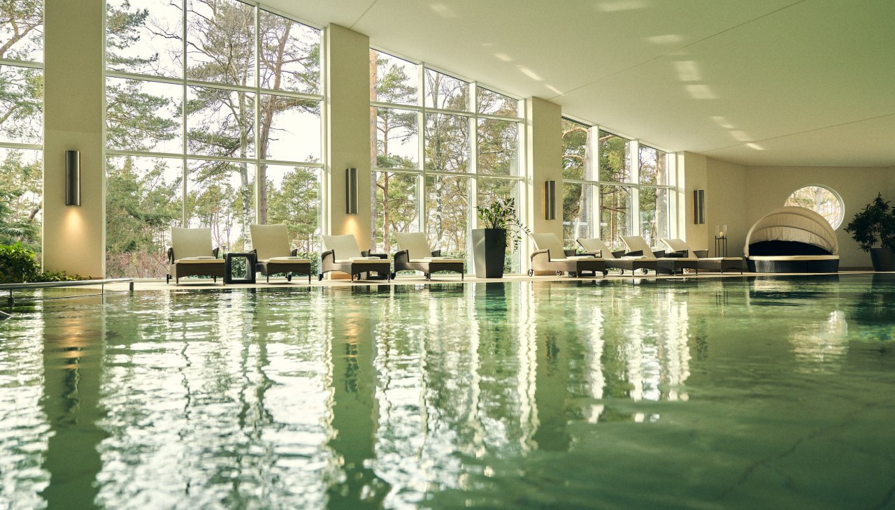 Wellness area with pool and dune view, © Strandhotel Fischland
