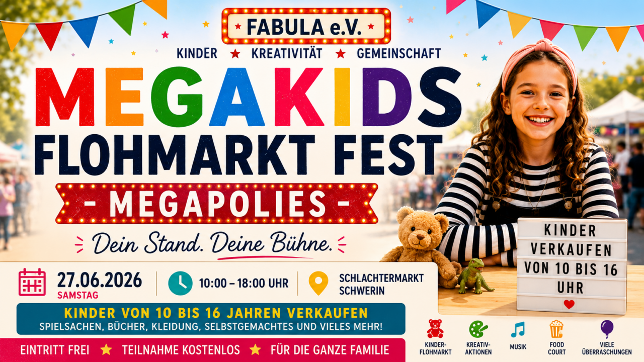 Plakat wydarzenia MEGAKIDS FLOHMARKT FEST w Schwerinie 27 czerwca 2026 r. Dziecięcy pchli targ i festiwal rodzinny z kreatywnymi ofertami, muzyką i praktycznymi zajęciami. // © Fabula Ukrainisch-Deutsches Zentrum e.V. Plakat wydarzenia MEGAKIDS FLOHMARKT FEST w Schwerinie 27 czerwca 2026 r. Dziecięcy pchli targ i festiwal rodzinny z kreatywnymi ofertami, muzyką i praktycznymi zajęciami. // © Fabula Ukrainisch-Deutsches Zentrum e.V.