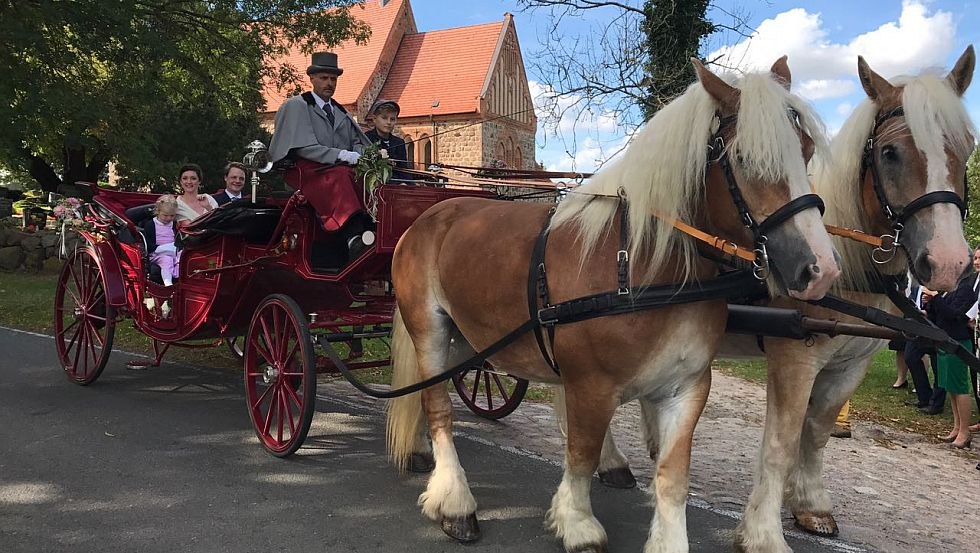 We rijden jullie graag naar de kerk, het registratiekantoor of de locatie van jullie keuze op jullie speciale dag - vraag het ons gewoon!, © Mecklenburger Kutsch- und Kremserfahrten/ Axel Peters