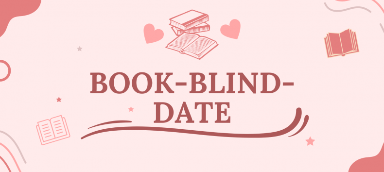 Pink background with drawn books and hearts, Book-Blind-Date font, &copy; Stadtbibliothek Stralsund