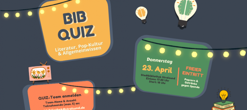 On a dark gray background are three banners on a string of lights, yellow, green and orange with the data for the BiB QUIZ // &copy; Stadtbibliothek Stralsund, Canva