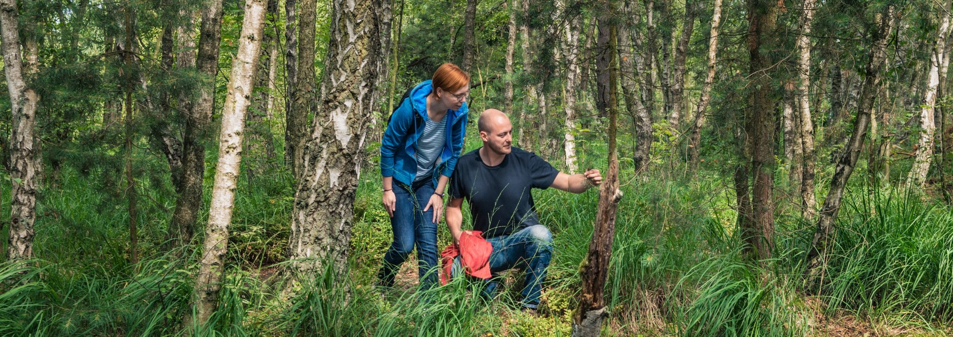 Een man en een vrouw staan aan de oever van een klein water in het Grote Moor van Ribnitz, omringd door dichte berkenbomen en weelderig groen. Ze kijken naar de flora en het ongerepte landschap.