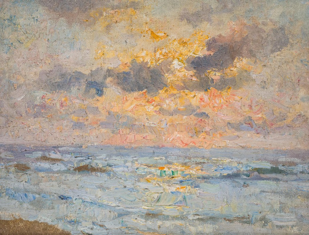 Fale morskie o zachodzie słońca, olej na pł&oacute;tnie, 25 x 28 cm. Muzeum w Katwijku, kolekcja Genootschap Oud Katwijk, nr inw. 6633, dar Dietricha B. // &copy; Dietrich B