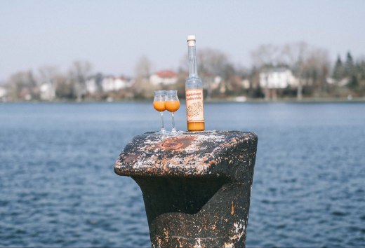 Mecklenburg sea buckthorn liqueur with two guests at the harbor