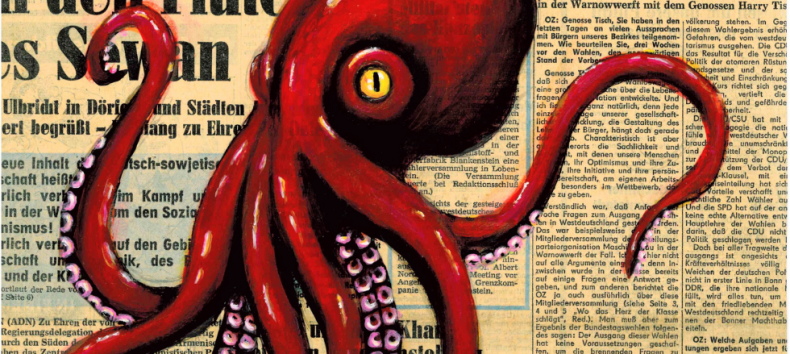 Auf einer historischen Ostseezeitung ist ein großer roter Krake aufgemalt. // © Ranko Strey Auf einer historischen Ostseezeitung ist ein großer roter Krake aufgemalt. // © Ranko Strey