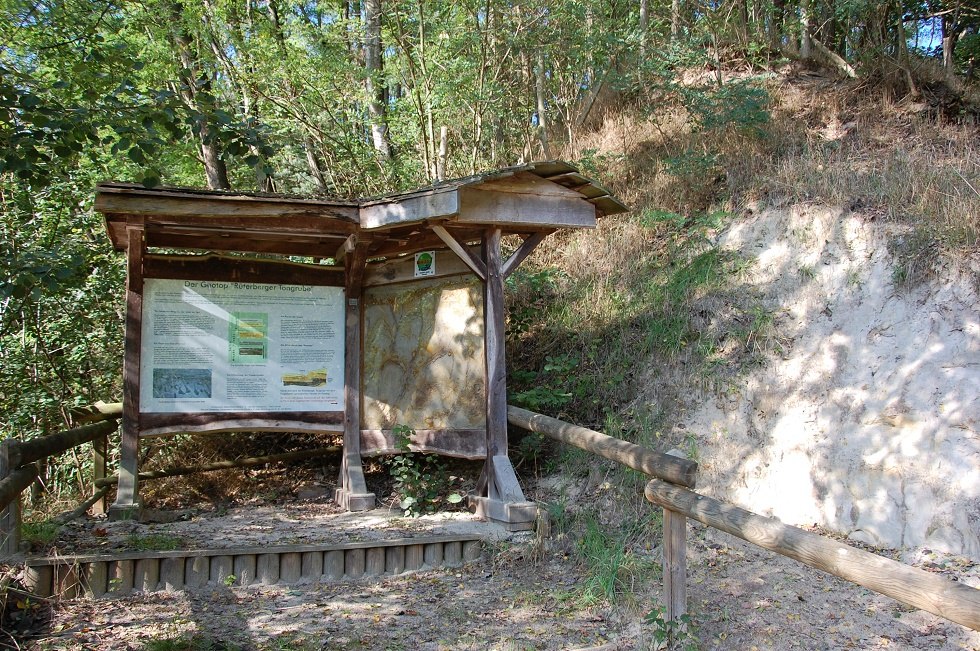 Tablice informacyjne i gabloty wyjaśniają szczególne cechy dawnego wyrobiska gliny jako geotopu i biotopu., © Gabriele Skorupski