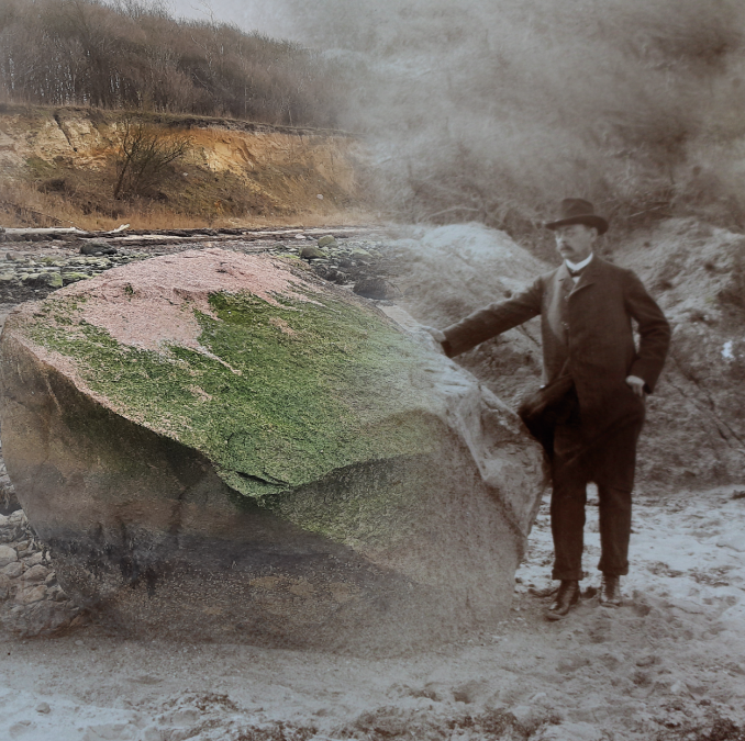 Kolaż starego zdjęcia Eugena Geinitza na głazie z nowoczesnym zdjęciem, © Müritzeum