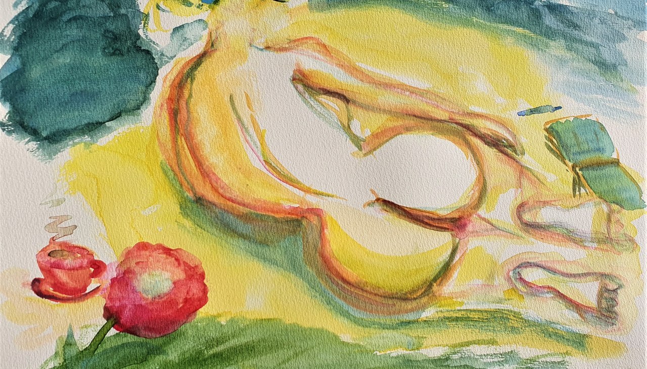 vrouwelijk naakt op het strand van Bansin, met boek en potlood en cappuccinokop aquarel mengtechniek met kleuren en potloden op papier, © Heike Dittrich