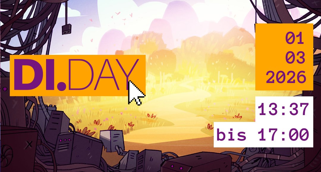 Evenement banner voor de 'DI.DAY' op 01.03.2026 van 13:37 tot 17:00. De afbeelding toont een overgang van donkere kabelwarboel naar een lichtgekleurd fantasielandschap., &copy; Illustration im Bild: Florian Biege f&uuml;r di.day