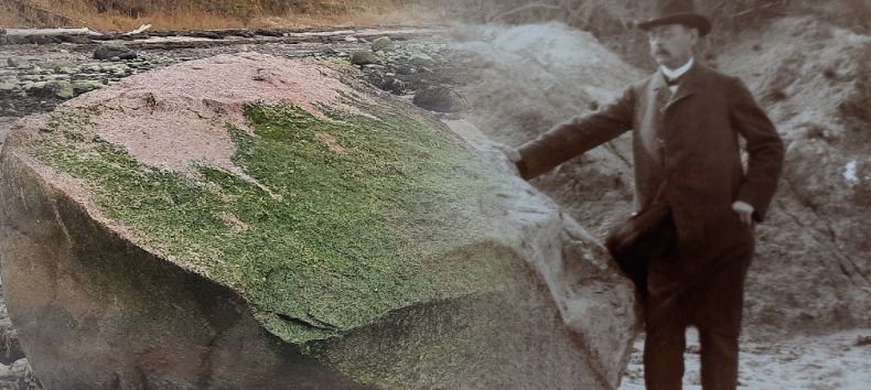 Fotocollage van een oude foto van Eugen Geinitz op een rotsblok met een moderne foto, © Müritzeum