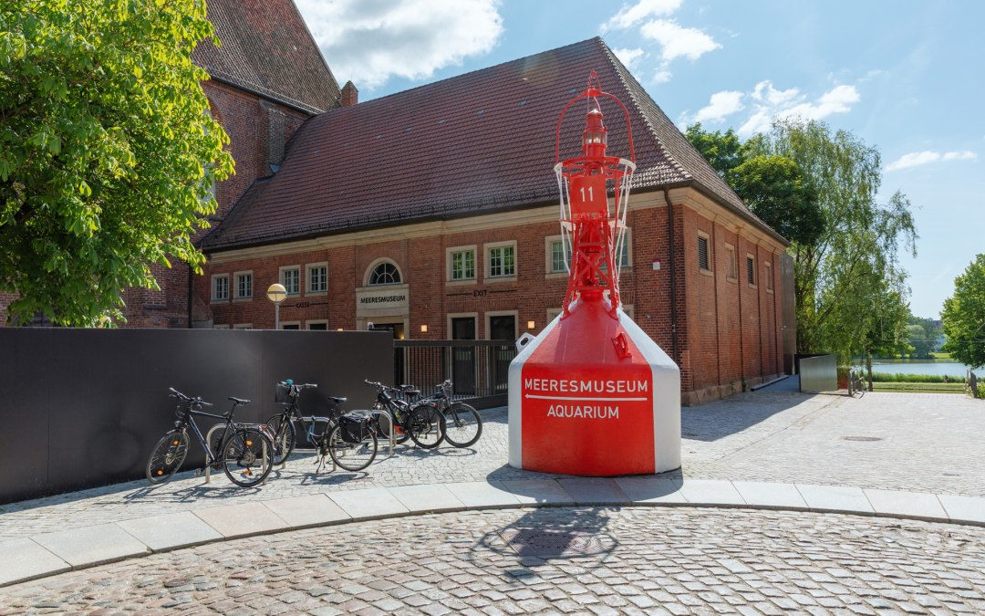 Een rood-wit gestreepte boei, die ooit dienst deed als navigatiebord, staat bij de drempelvrije ingang van de Bielkenhagen., © Anke Neumeister/Deutsches Meeresmuseum