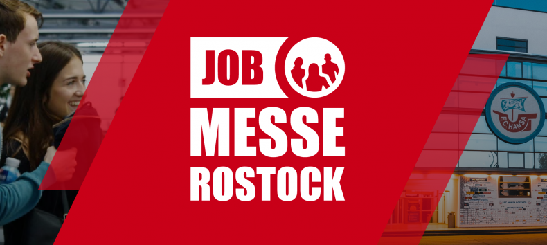 Een diagonale rode balk loopt over de foto, met het logo van de banenbeurs van Rostock in het wit. Links op de achtergrond staat een groep schoolkinderen, rechts het Ostseestadion., © HR Business GmbH