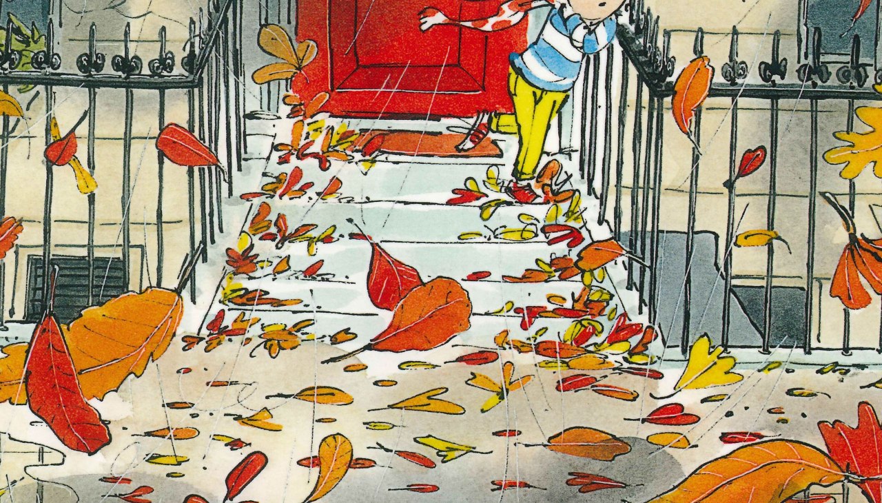 A drawn picture shows a staircase entrance to a red front door with an ornate iron railing. Autumn-colored leaves are flying and lying everywhere., © Stadtbibliothek Stralsund