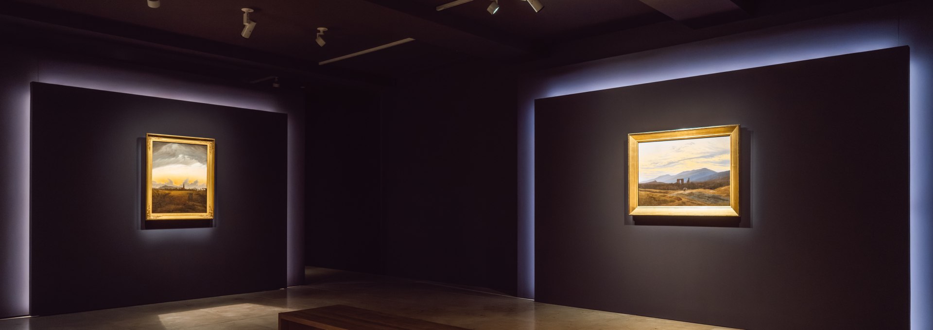 Twee verlichte landschapsschilderijen in een minimalistische tentoonstellingsruimte in het Pommers Staatsmuseum in Greifswald.