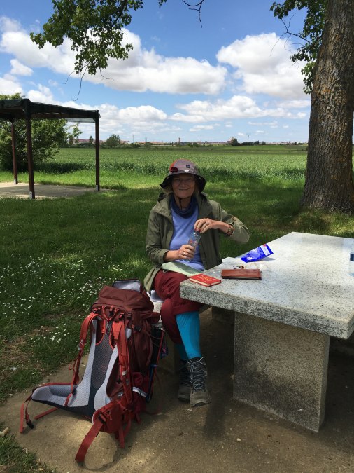 Mevrouw Wahmkow zit voor een weiland en picknickt aan een stenen tafel., © Christine Wahmkow