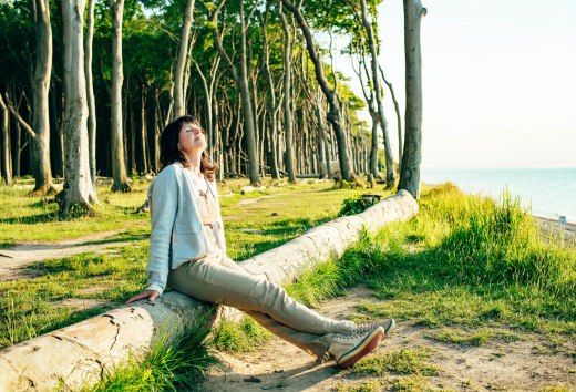 Forest bathing in the ghost forest - a woman sits in the sun on a fallen tree trunk with a view of the Baltic Sea
