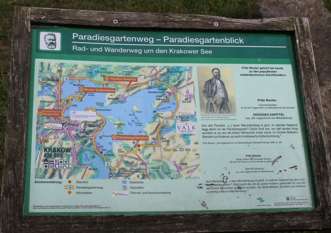 Tablica informacyjna dla platformy widokowej Reuters Paradiesgartenblick // © Touristinformation Krakow am See Tablica informacyjna dla platformy widokowej Reuters Paradiesgartenblick // © Touristinformation Krakow am See