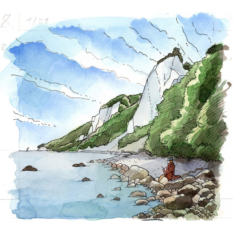 A drawing depicting how Caspar David Friedrich might have sat sketching below the Königsstuhl back then. // © Jakob Knapp A drawing depicting how Caspar David Friedrich might have sat sketching below the Königsstuhl back then. // © Jakob Knapp
