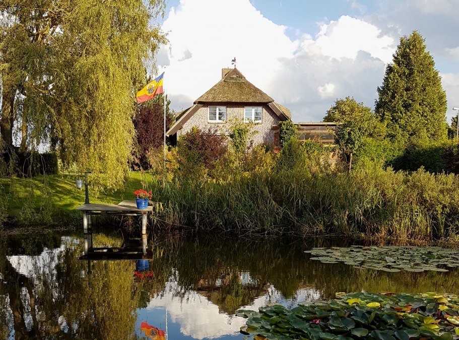 Onze vijver met uitzicht op het huis, © Carola Stier Onze vijver met uitzicht op het huis, © Carola Stier