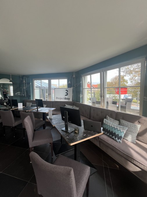 Lichte loungehoek met stijlvolle werkplekken en uitzicht op het groen., © Michelle Dynio